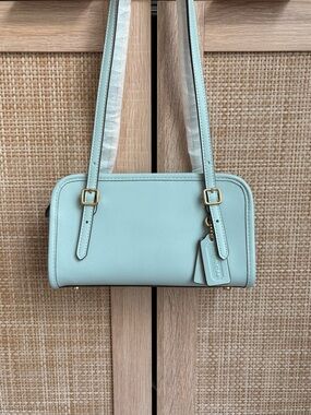 LIKE NEW COACH Swing Zip Bag 20 Light Blue Turquoise Leather Shoulder Bag CAM45
